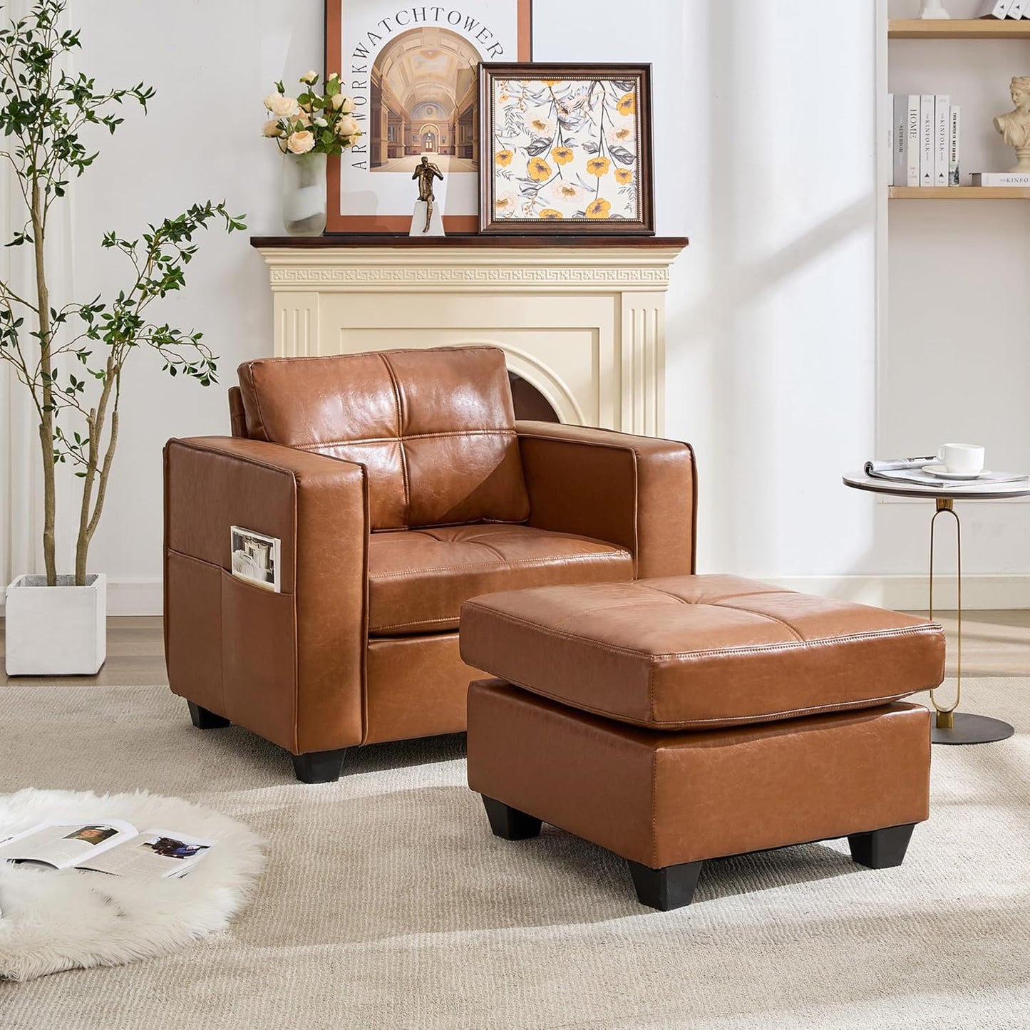 TYBOATLE Oversized Chaise Lounge Chair Indoor, Leather Accent Chair with Ottoman, Mid Century Modern Reclining Armchair with Pockets, Tufted Comfy Single Sofa for Bedroom, Living Room, Office (Brown)