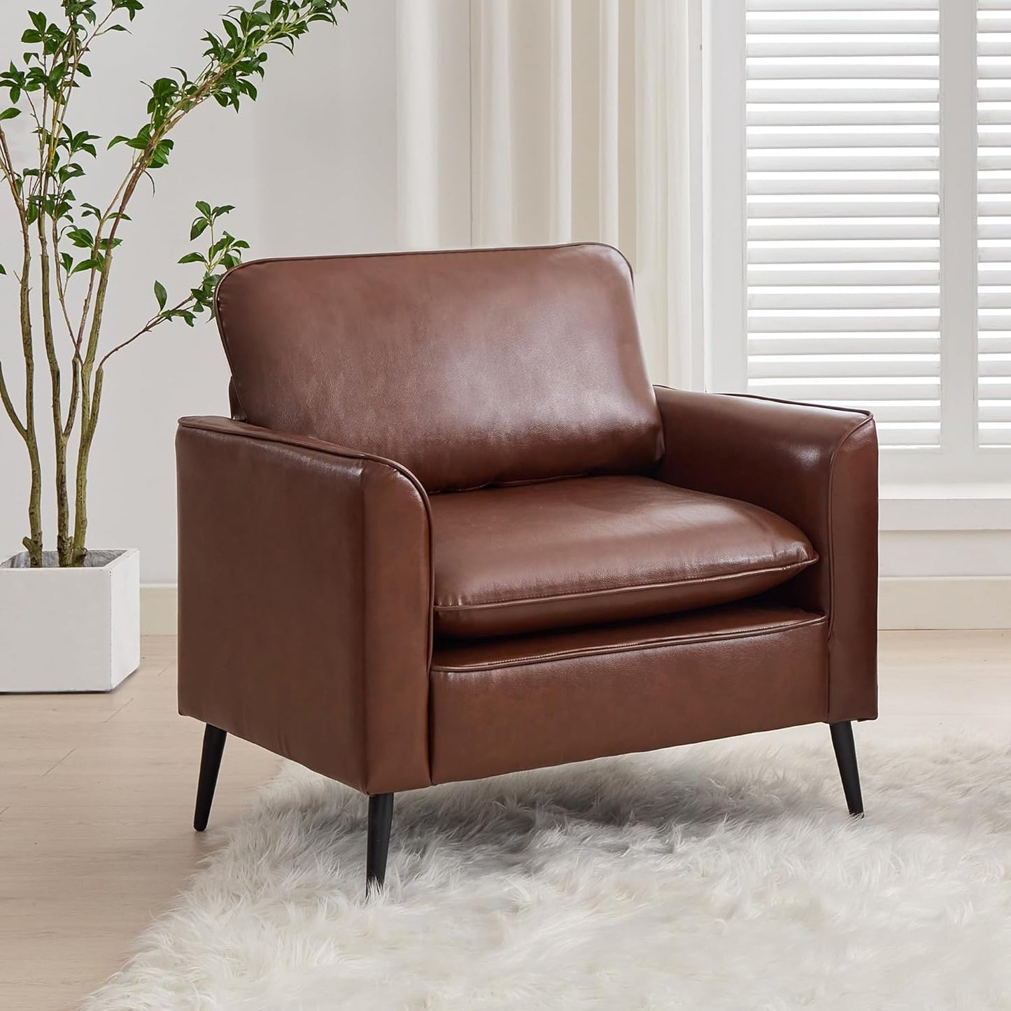TYBOATLE Accent Chair, Brown Faux Leather Chair, Comfy Living Room Chairs, Office Reading Chair, Mid Century Modern Sofa Side Chairs, Arm Chairs for Office, Bedroom, Apartment