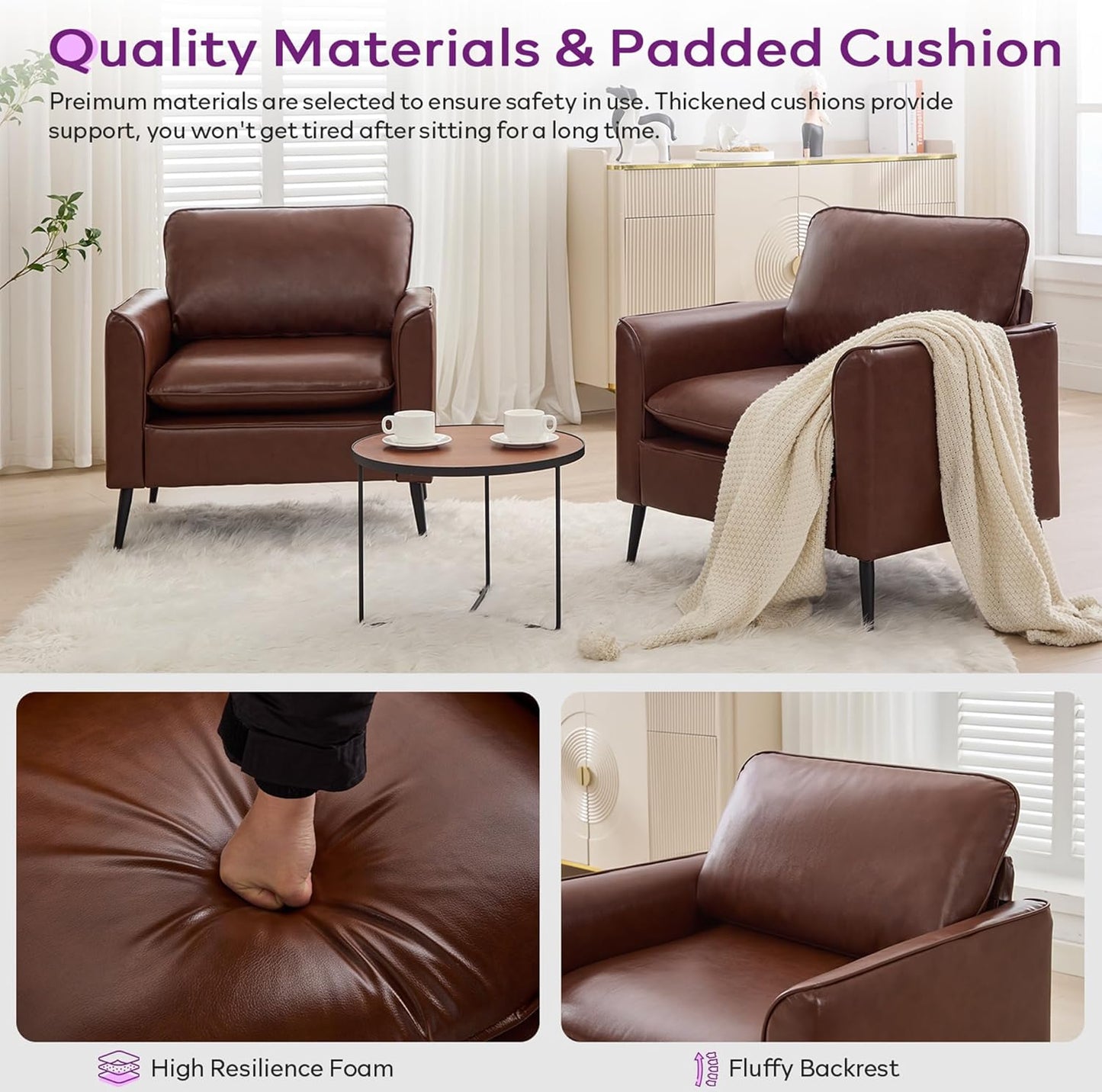 TYBOATLE Accent Chair, Brown Faux Leather Chair, Comfy Living Room Chairs, Office Reading Chair, Mid Century Modern Sofa Side Chairs, Arm Chairs for Office, Bedroom, Apartment