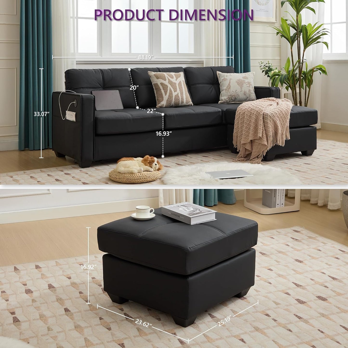 TYBOATLE Black Sofa Couch Sectional Couches for Living Room, Comfy Comfy Faux Leather Modular Convertible Sofas with Ottoman & USB, Home Sofa Set with Chaise for Apartment Small Space (3)