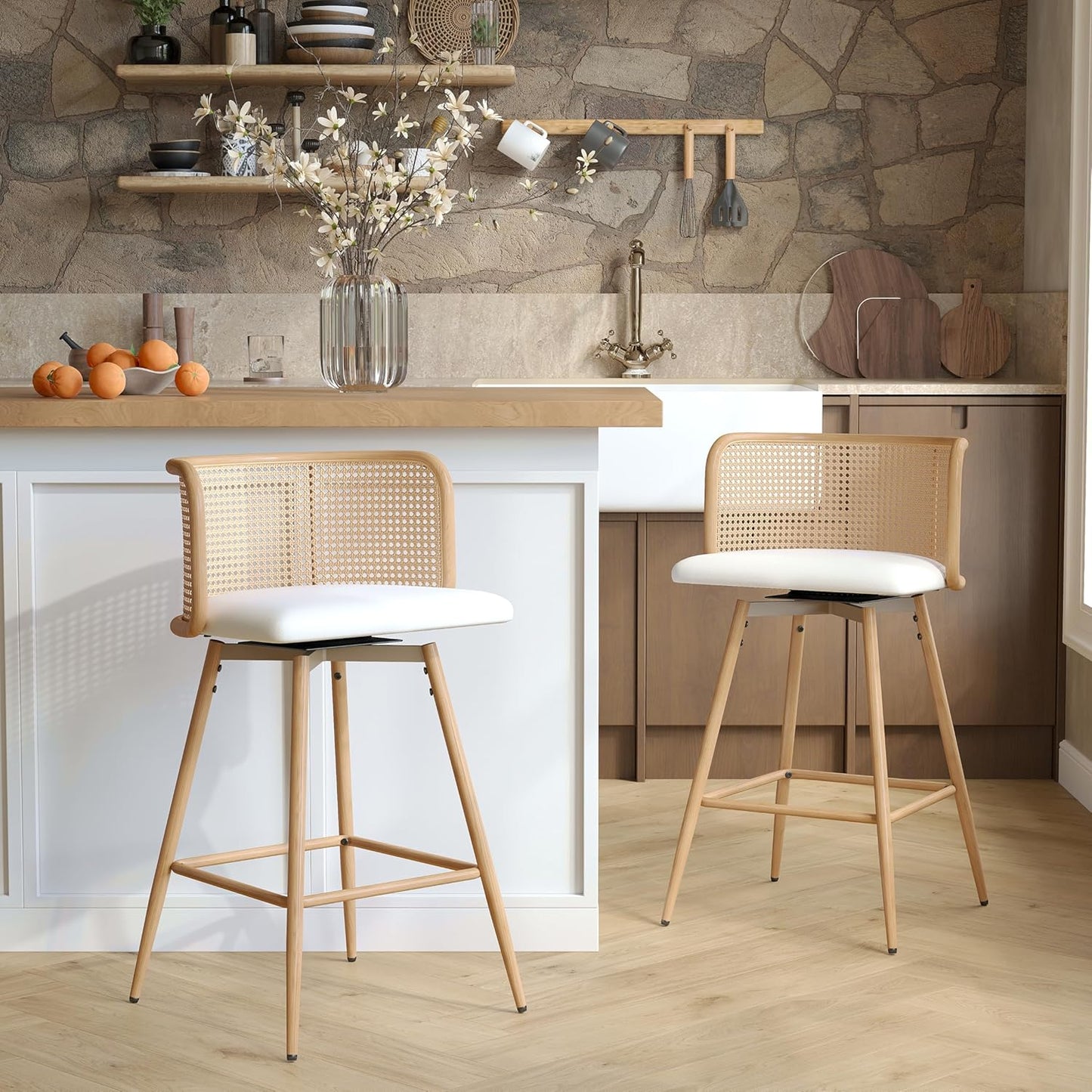 TYBOATLE Swivel Rattan Bar Stools Set of 2, 26” Counter Height Stools with Natural Rattan Woven Back and Faux Leather Seat, Mid-Century Modern Island Chairs Barstools for Kitchen, White (2, White)