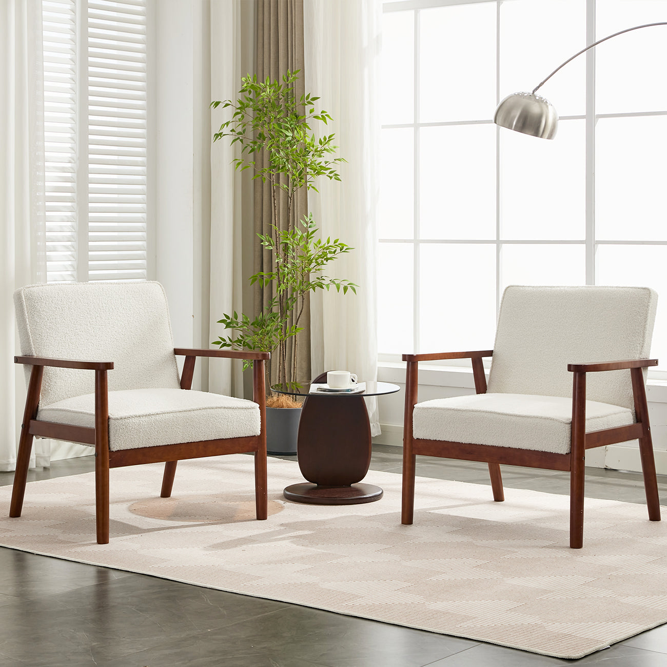 AODAILIHB Mid Century Modern Chair Set of 2, Accent Chairs for Living Room with Arms, White Sherpa Side Chair Small Comfy Boho Chair Reading Armchairs