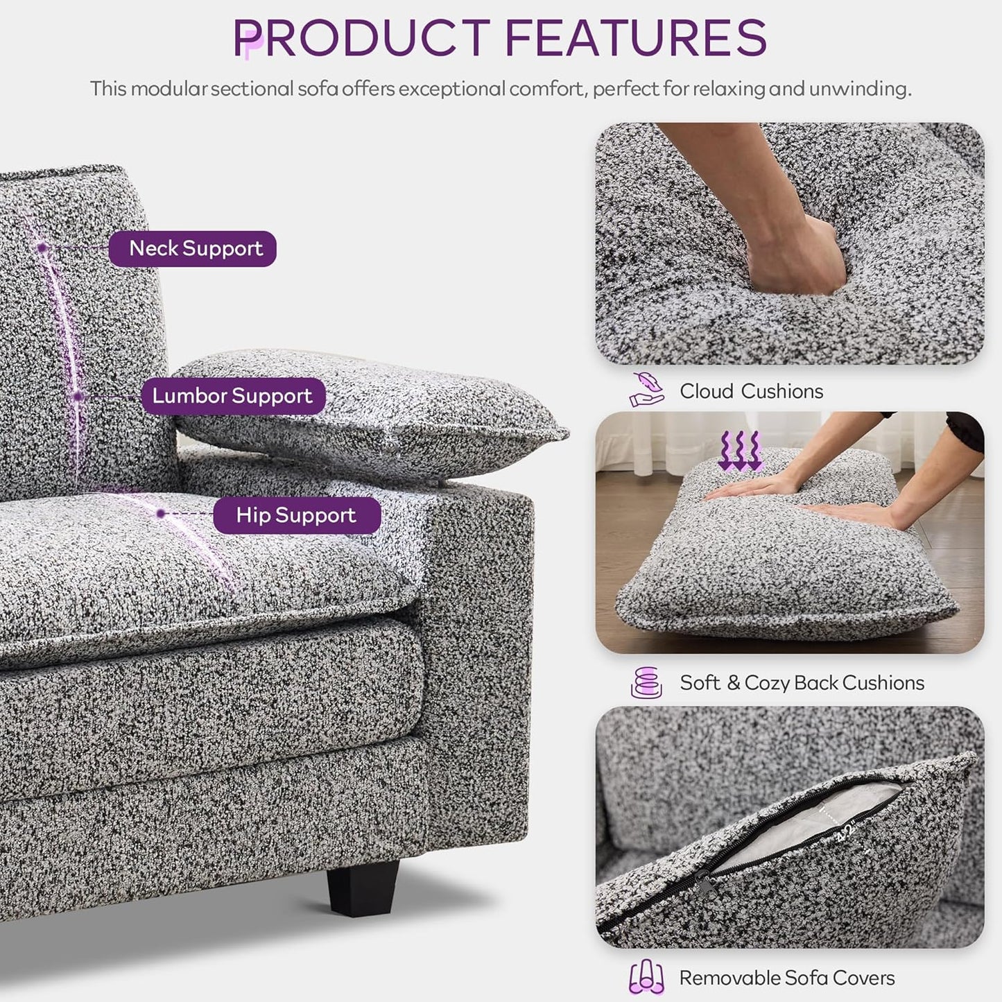 TYBOATLE 122'' Sofa Set for Living Room, Premium Kapok Fiber Sectional Couch with Chairs & Ottoman, Comfy Cloud Couch w/Wider Armrest, Deep Seat Upholstered Modular Sofa for Appartment, Grey