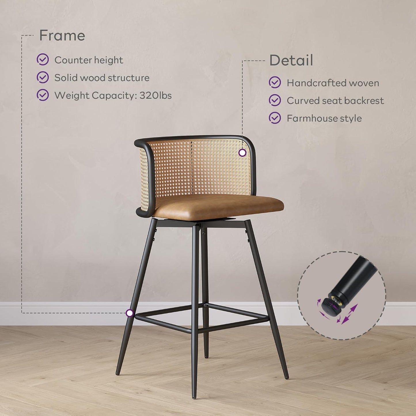 TYBOATLE Swivel Rattan Bar Stools Set of 2, 26” Counter Height Stools with Natural Rattan Woven Back and Faux Leather Seat, Mid-Century Modern Island Chairs Barstools for Kitchen, Brown