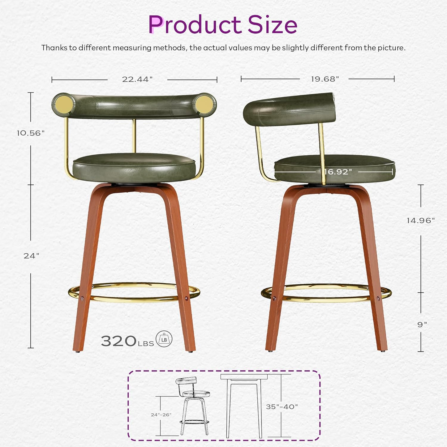 TYBOATLE Swivel Bar Stools Set of 2, 26” Counter Height Bar Stools with Bent Wood Legs and Back, Mid-Century Modern Faux Leather Bar Chairs Island Barstools for Kitchen (2, Olive Green)