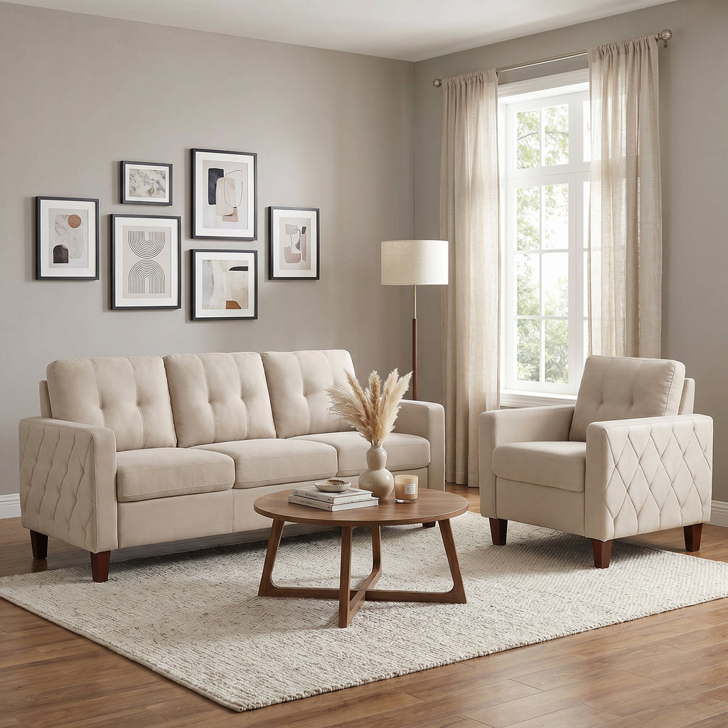 TYBOATLE 3 Piece Living Room Furniture Sets, 3 Seater Sofa and Chair Set, Cloud Couch Living Room Furniture Set, Beige Modern Sofa and Chair Set for Apartment, Home (Beige, 3+1)
