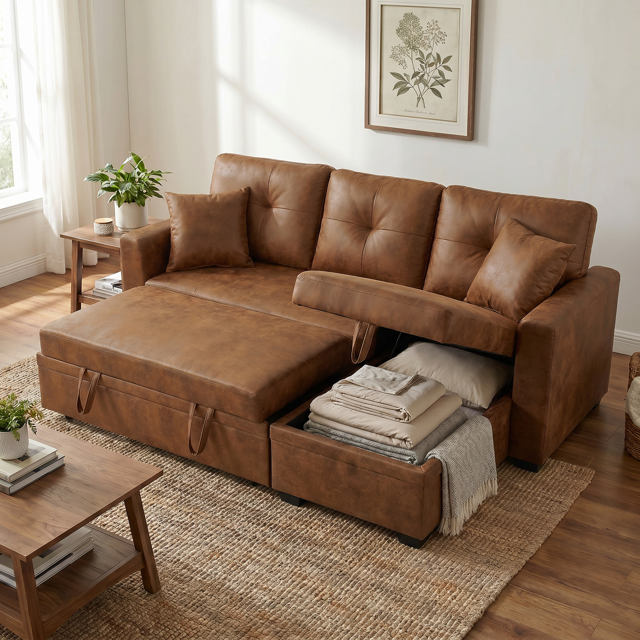 TYBOATLE Convertible Sofa Bed Couch with Reversible Storage Chaise, 71" L Shaped Pull Out Couch Bed, Faux Leather Sleeper Sofa for Living Room, Apartment & Guest Room (Brown)