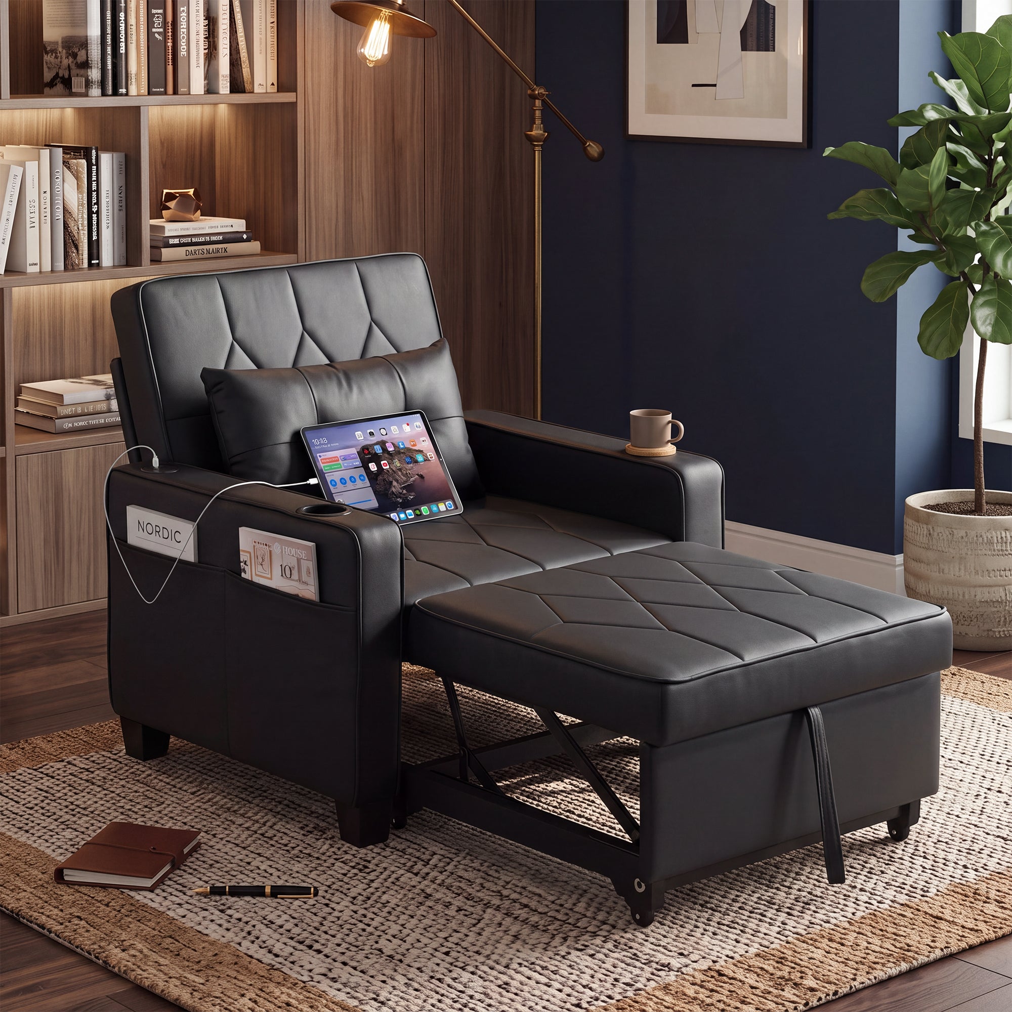 CHYMSUN Sleeper Chair for Adults, Convertible Pull Out Sofa Bed with Charging CHYMSUN, Chair Bed Sofa Chair Cup Holders, Side Pockets, Living Room, Bedroom, Apartment, Small Space