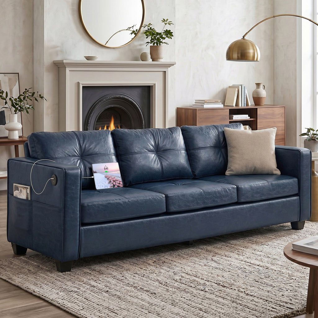 Faux Leather Blue Couch with USB, 3-Seater Sofa for Living Room