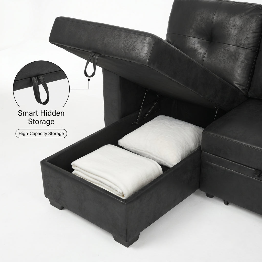 TYBOATLE Convertible Sofa Bed Couch with Reversible Storage Chaise, 71" L Shaped Pull Out Couch Bed, Comfy Linen Sleeper Sofa for Living Room, Apartment & Guest Room (Black)