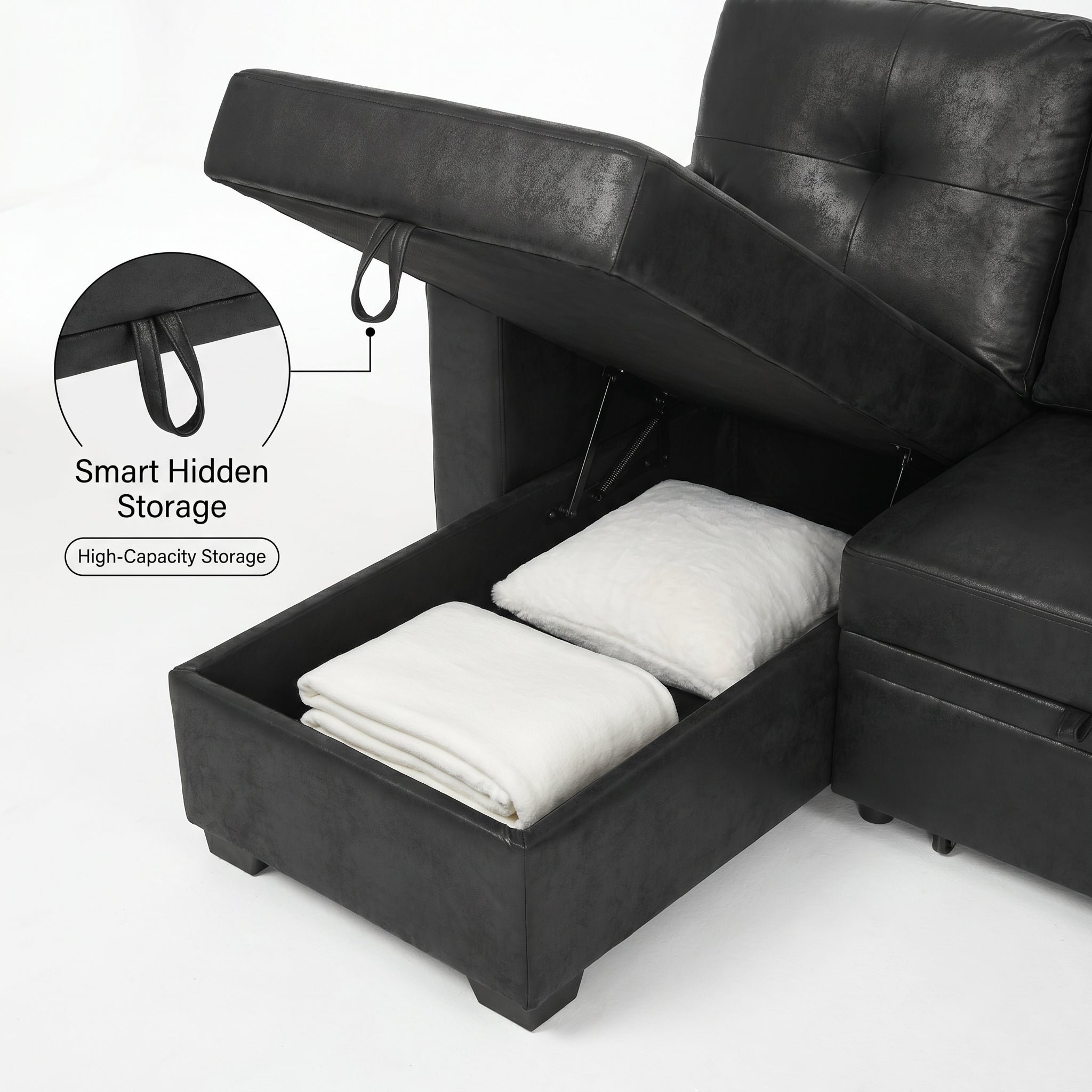 TYBOATLE Convertible Sofa Bed Couch with Reversible Storage Chaise, 71" L Shaped Pull Out Couch Bed, Comfy Linen Sleeper Sofa for Living Room, Apartment & Guest Room (Black)