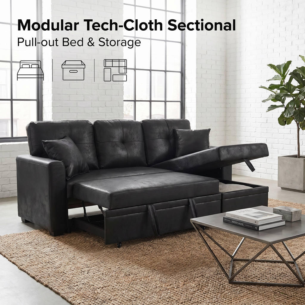 TYBOATLE Convertible Sofa Bed Couch with Reversible Storage Chaise, 71" L Shaped Pull Out Couch Bed, Comfy Linen Sleeper Sofa for Living Room, Apartment & Guest Room (Black)
