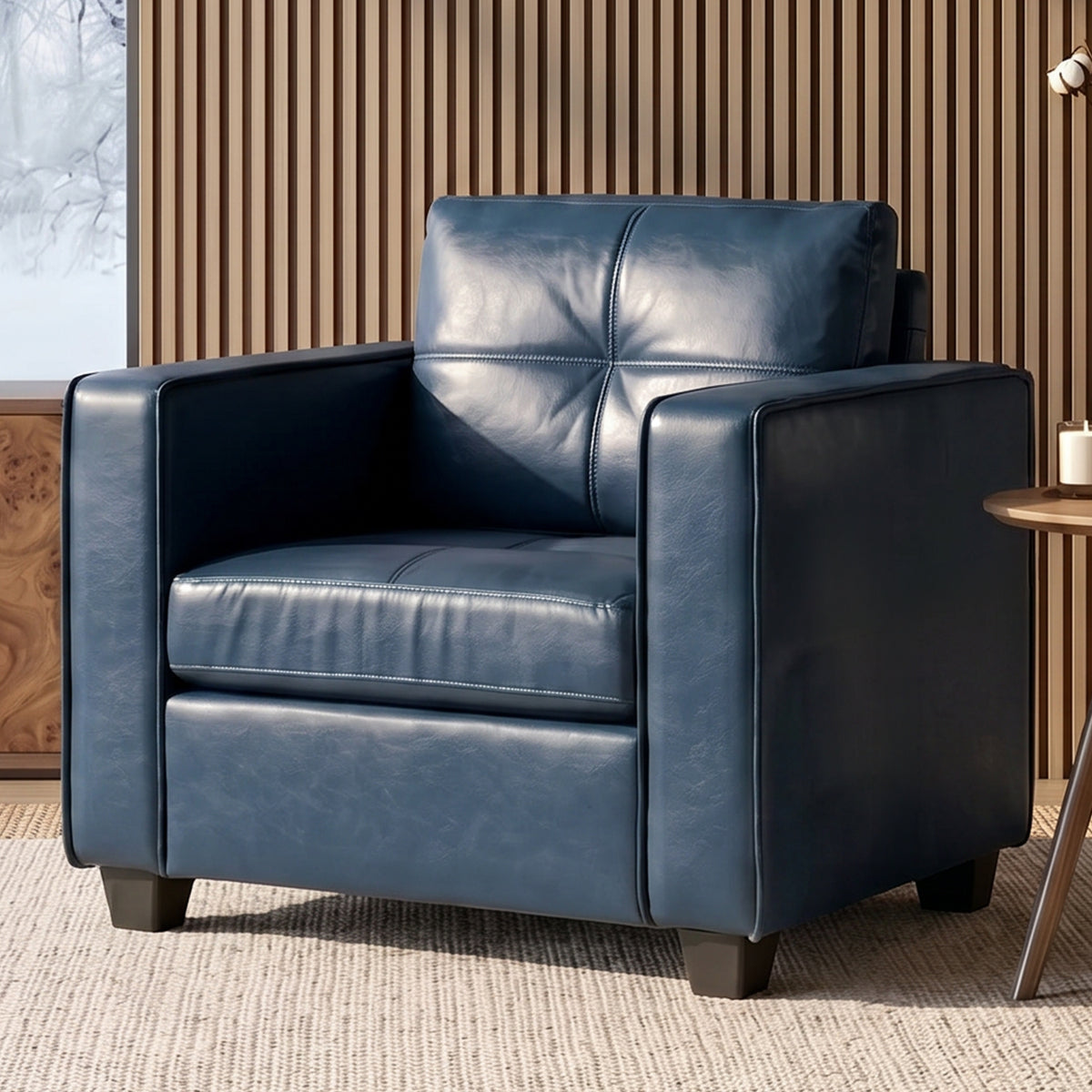 TYBOATLE Blue Faux Leather Accent Chair, Oversized Tufted Armchair with Side Pockets