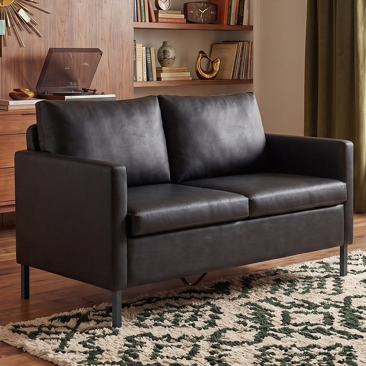 TYBOATLE Black Faux Leather Small Couch Loveseat, 2-Seater for Living Room