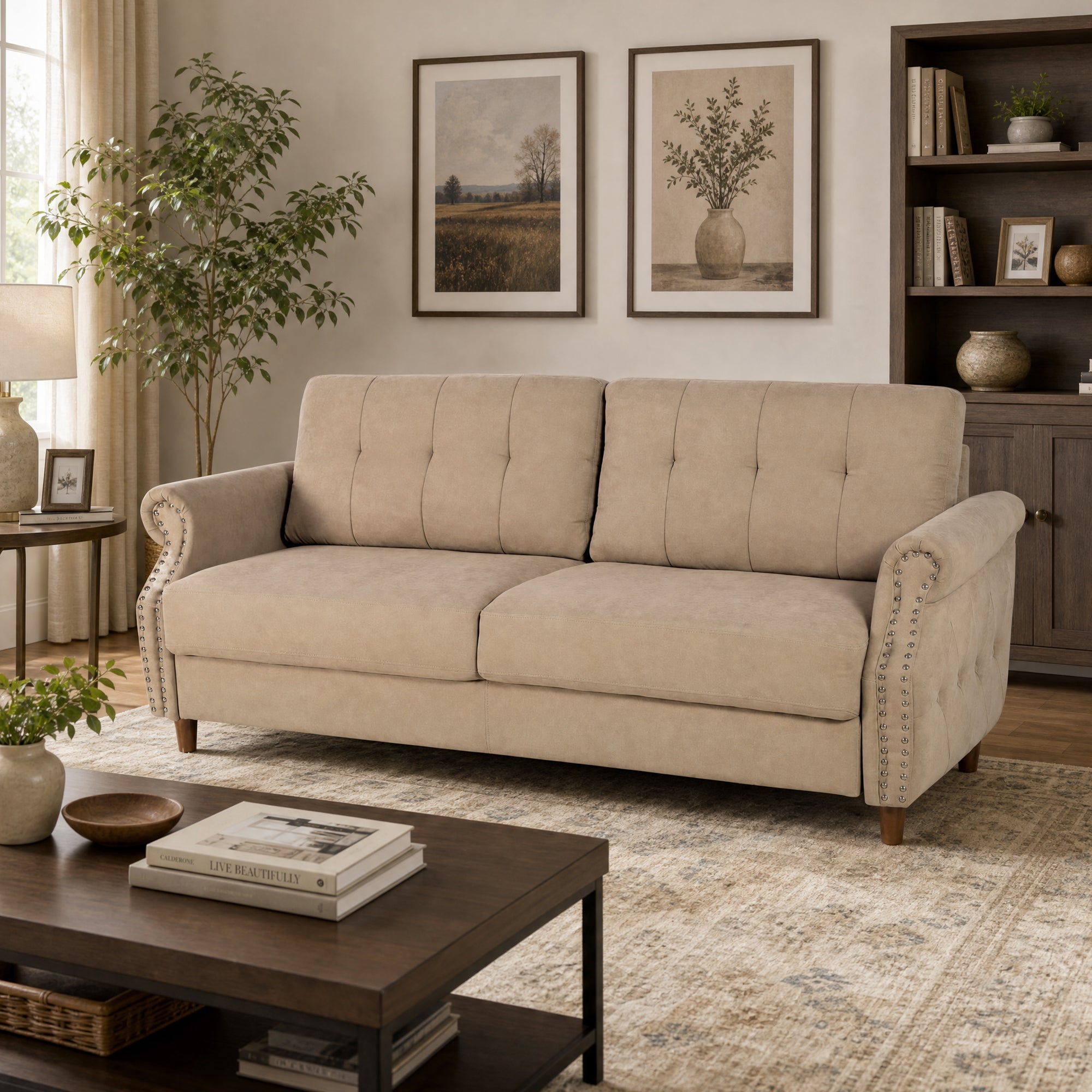 Fully Assembled Loveseat Sofa with Rivets, Wood Legs, Living Room (Khaki) | 2 seater love seat sofa, rivet arm design, solid wood legs, wood frame, small couch for living room apartment bedroom, khaki