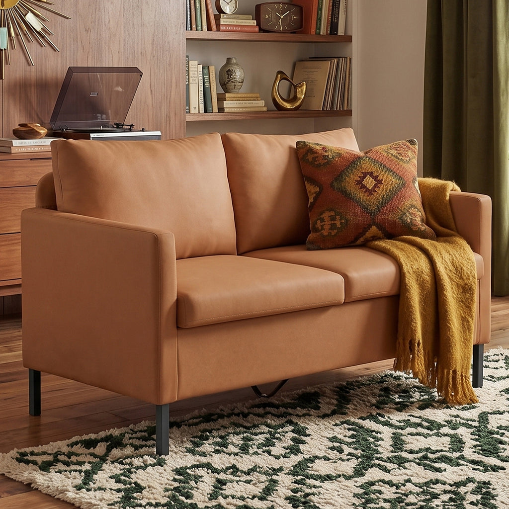TYBOATLE Brown Faux Leather Small Couch Loveseat, 2-Seater for Living Room