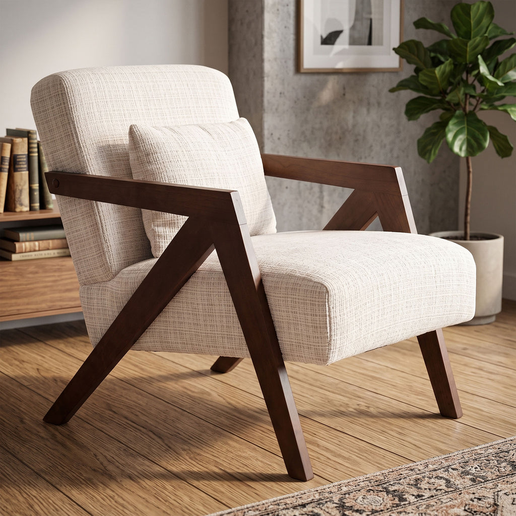 JIASTING Mid Century Modern Accent Chair, Upholstered Wooden Chair (Beige)