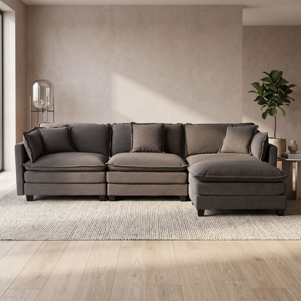 Modular Sofa, 3 Seater Couch with Ottoman, Gray Deep Seat Sofa Comfy Sectional Couch, Flexible 4-Piece Design, Soft Fabric Upholstery, Sturdy Legs for Apartment, Bedroom and Living Room