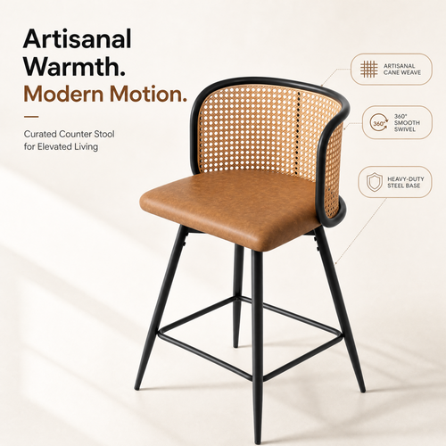 26" Rattan Counter Bar Stools Set of 2, Brown Faux Leather Seat