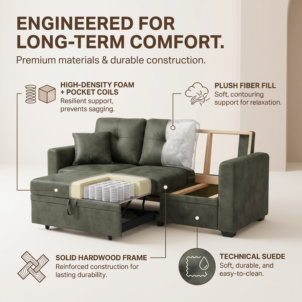 Reversible Storage Chaise, 71" L Shaped Pull Out Couch Bed, Faux Leather Sleeper Sofa for Living Room, Apartment & Guest Room (Green)