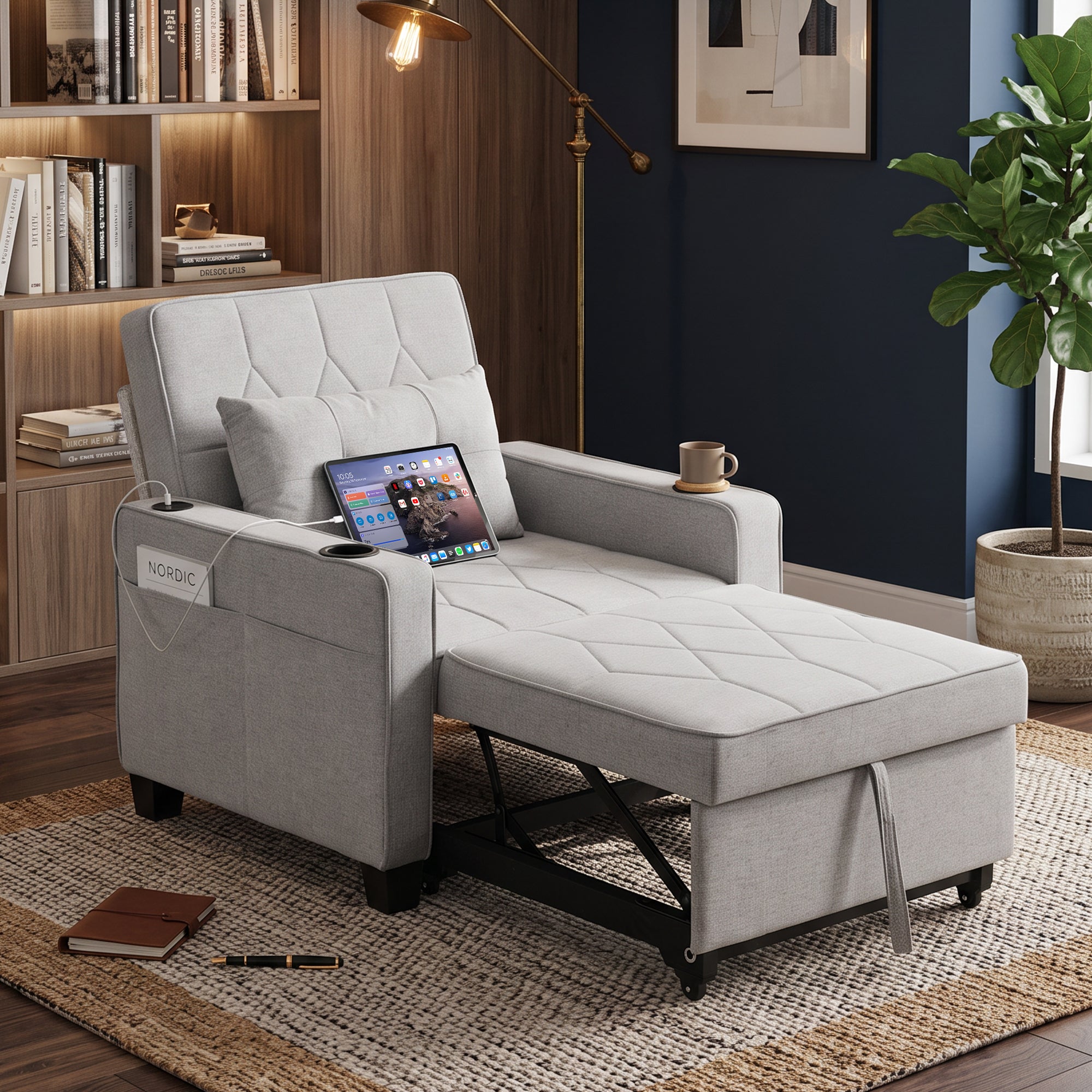 CHYMSUN Sleeper Chair for Adults, Convertible Pull Out Sofa Bed with Charging, Grey CHYMSUN, Chair Bed Sofa Chair Cup Holders, Side Pockets, Living Room, Bedroom, Apartment, Small Space