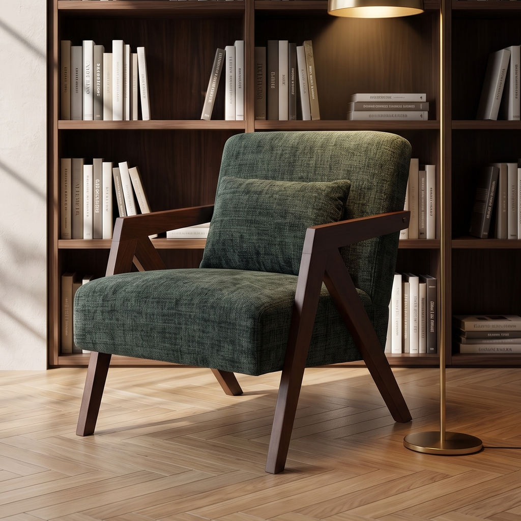 JIASTING Mid Century Modern Accent Chair, Upholstered Wooden Armchair (Green)