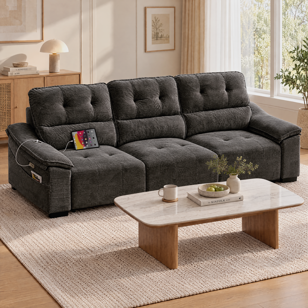 JIASTING 110" Gray Extendable Recliner Chenille Couch, Power Reclining Sofa Chaise