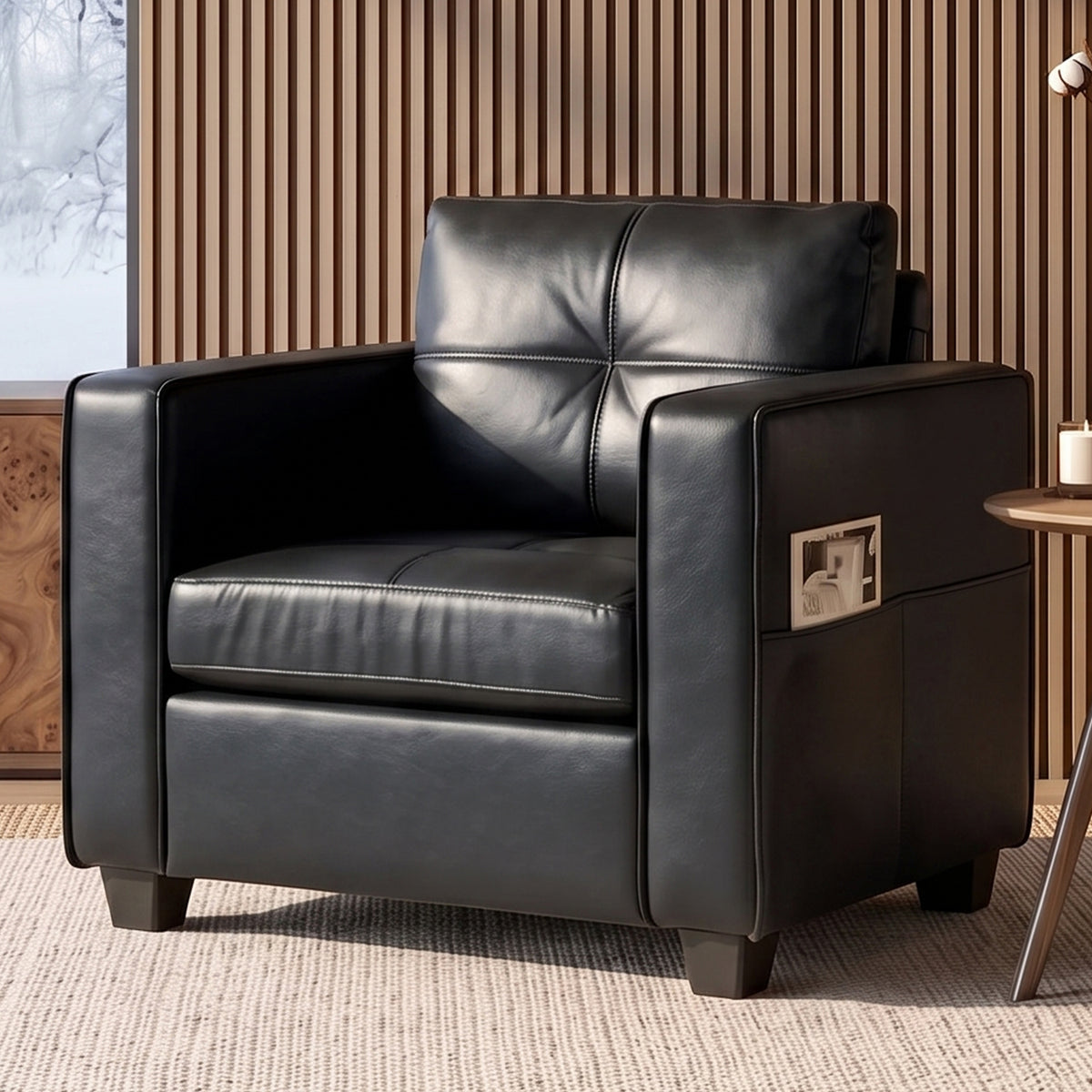TYBOATLE Black Faux Leather Accent Chair, Oversized Tufted Armchair for Living Room