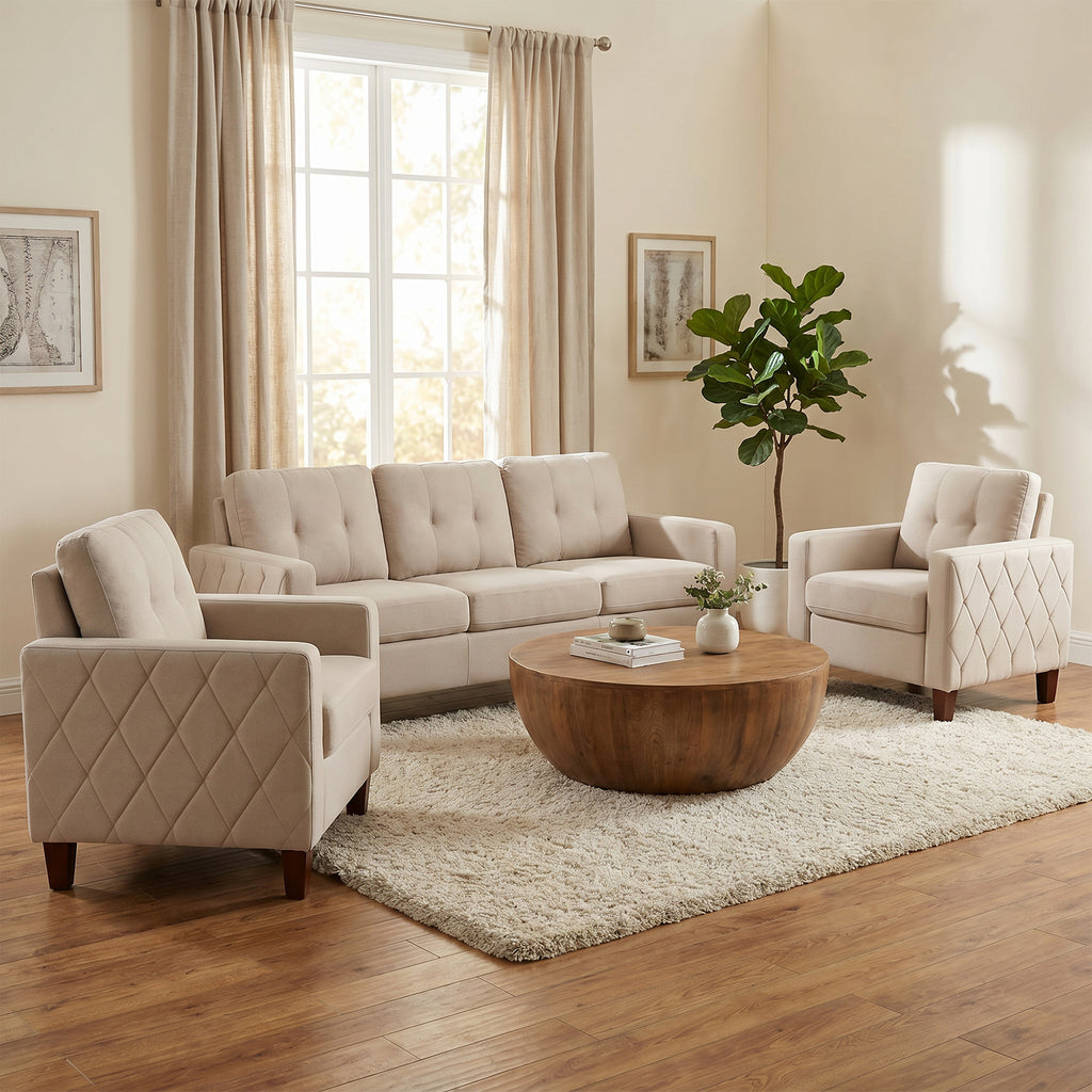 TYBOATLE 3 Piece Living Room Furniture Sets, 3 Seater Sofa and Chair Set, Cloud Couch Living Room Furniture Set, Beige Modern Sofa and Chair Set for Apartment, Home (Beige, 3+1+1)