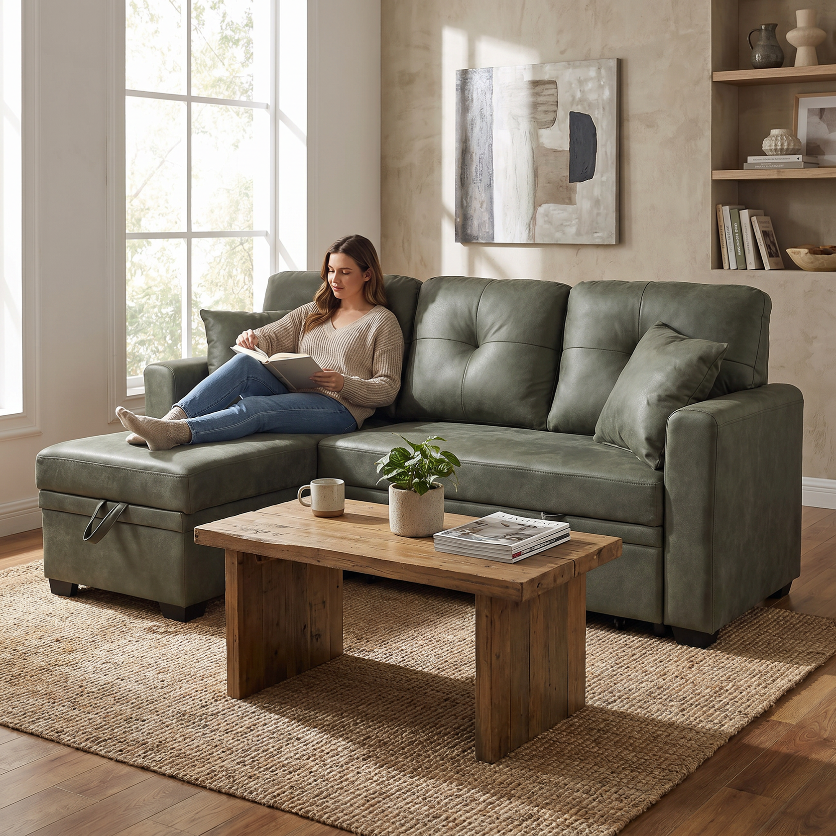 Reversible Storage Chaise, 71" L Shaped Pull Out Couch Bed, Faux Leather Sleeper Sofa for Living Room, Apartment & Guest Room (Green)
