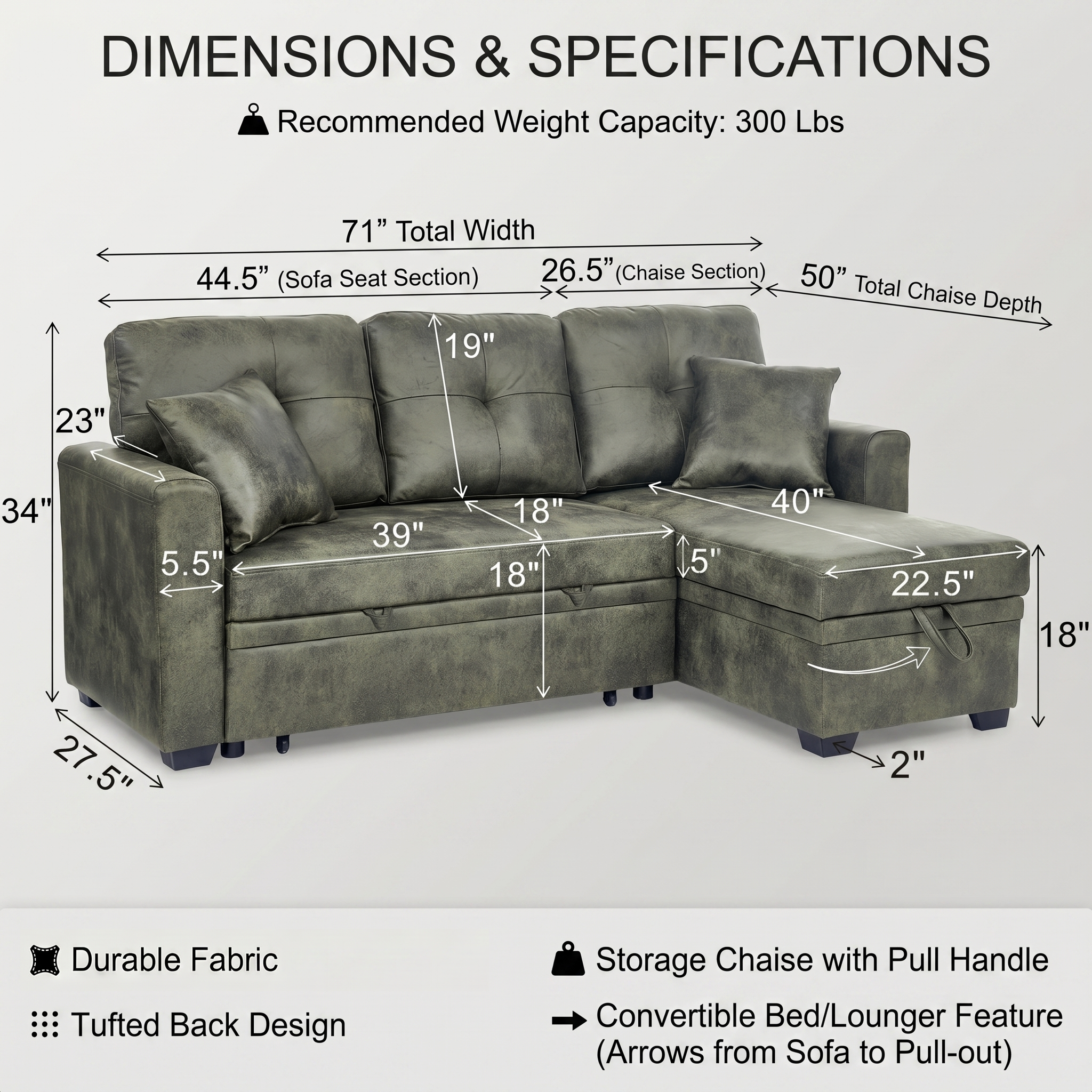 Reversible Storage Chaise, 71" L Shaped Pull Out Couch Bed, Faux Leather Sleeper Sofa for Living Room, Apartment & Guest Room (Green)