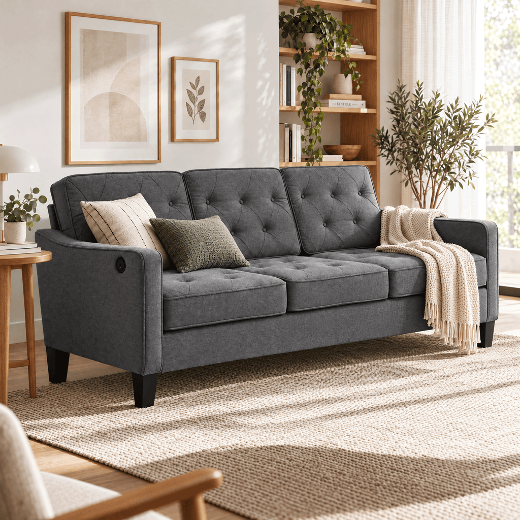 83" Gray Faux Leather 3 Seater Sofa, Mid Century Couch for Living Room