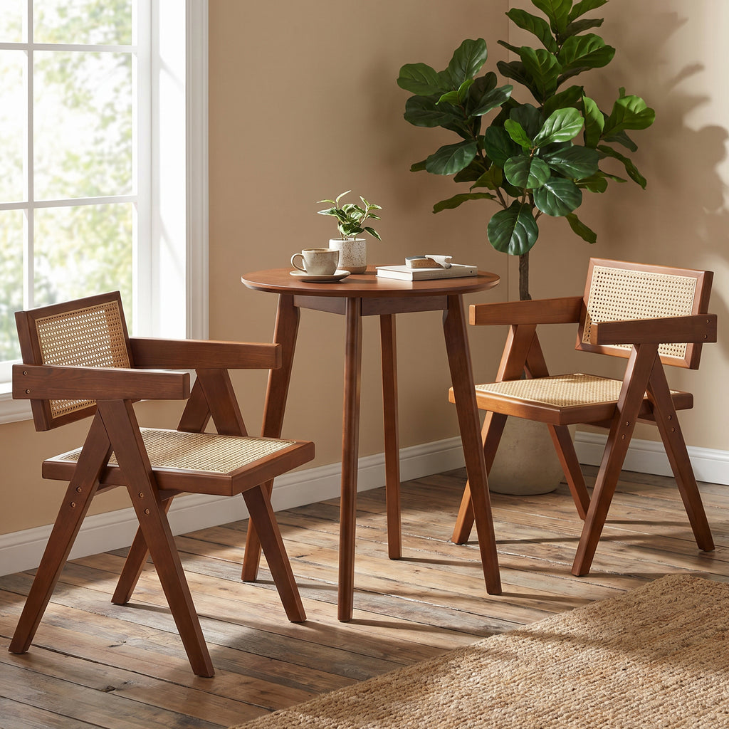 JIASTING Modern Rattan Dining Chairs Set of 4, Woven Cane Kitchen Armchairs, Walnut