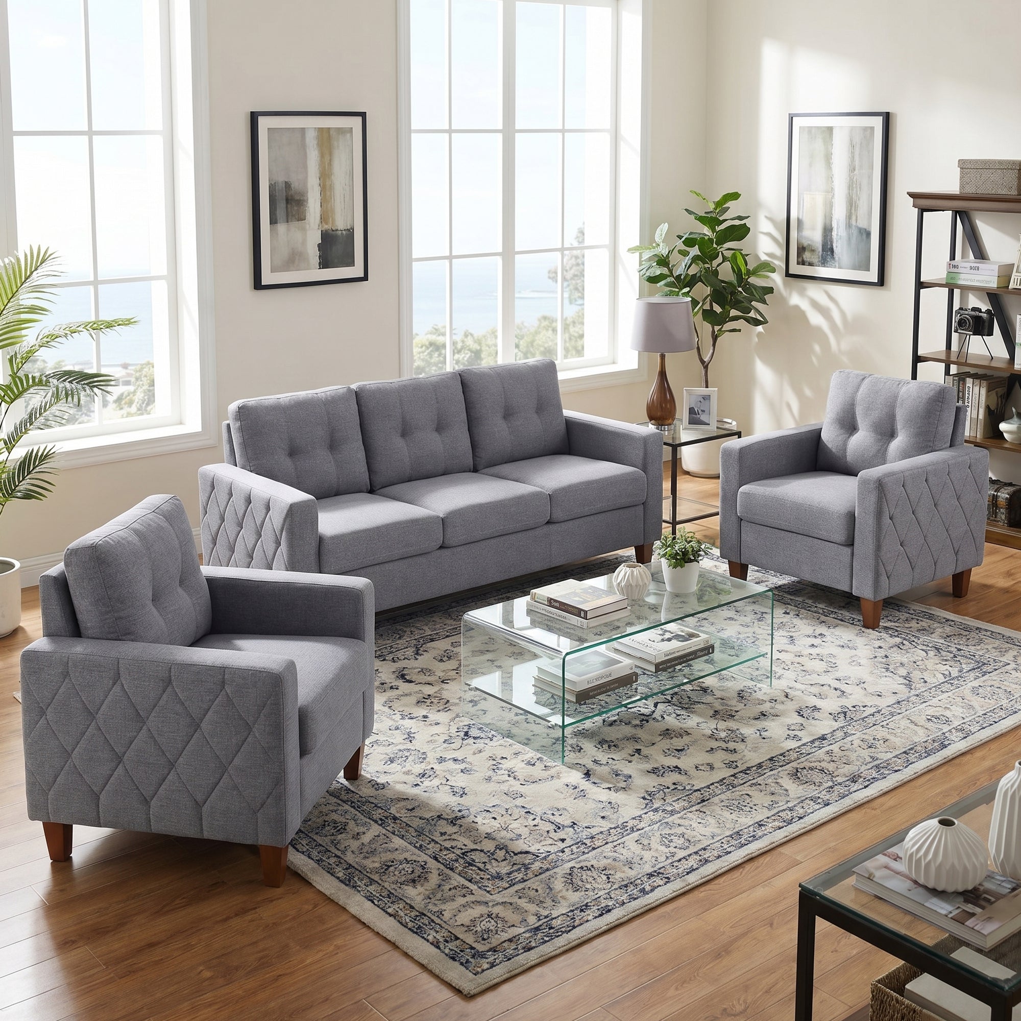 TYBOATLE 3 Piece Living Room Furniture Sets, 3 Seater Sofa and Chair Set, Cloud Couch Living Room Furniture Set, Grey Modern Sofa and Chair Set for Apartment, Home (Grey, 3+1+1)