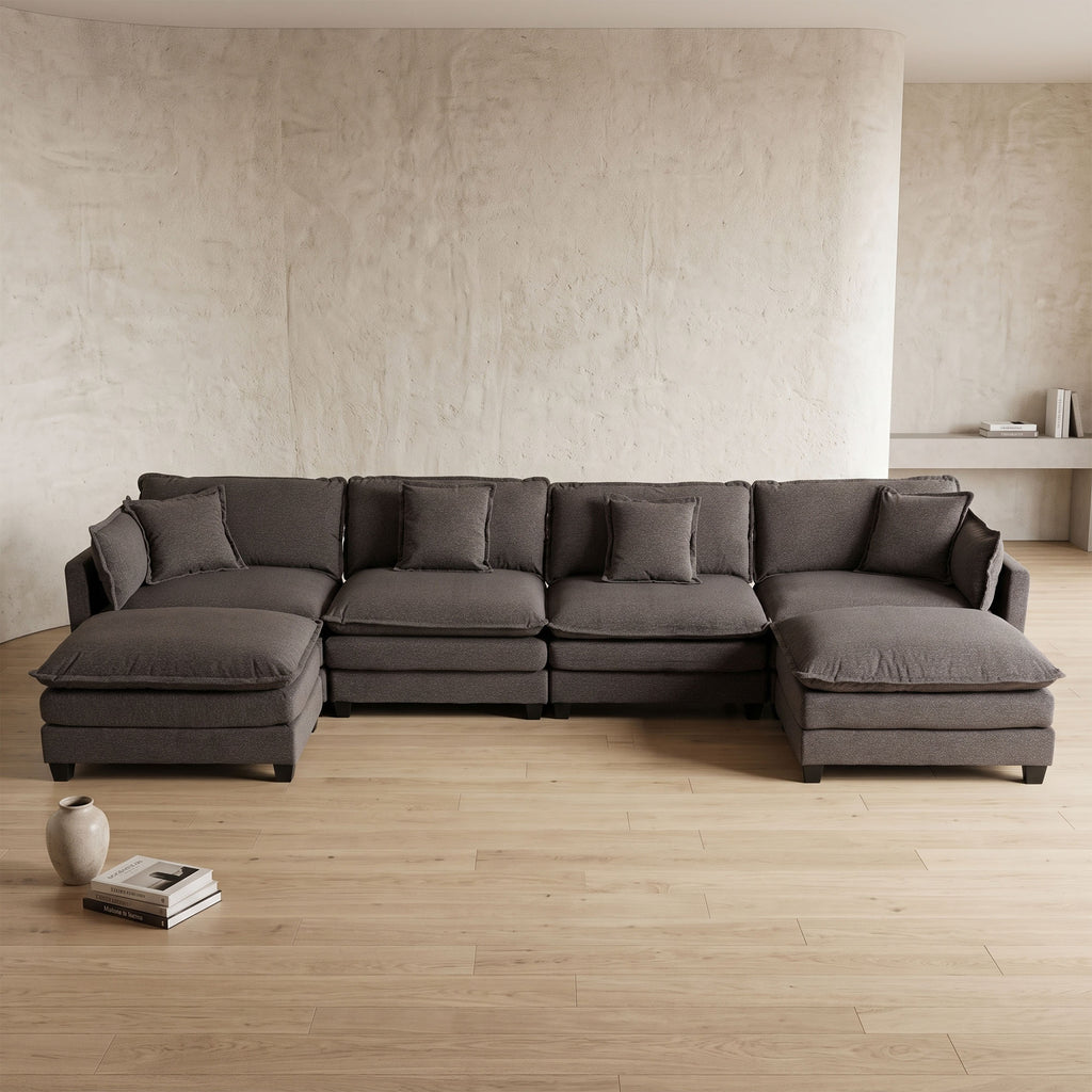 Modular Sectional Sofa, 4 Seater Couch with 2 Ottomans, Gray Deep Seat Sofa