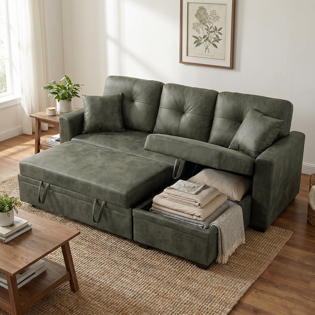 Reversible Storage Chaise, 71" L Shaped Pull Out Couch Bed, Faux Leather Sleeper Sofa for Living Room, Apartment & Guest Room (Green)