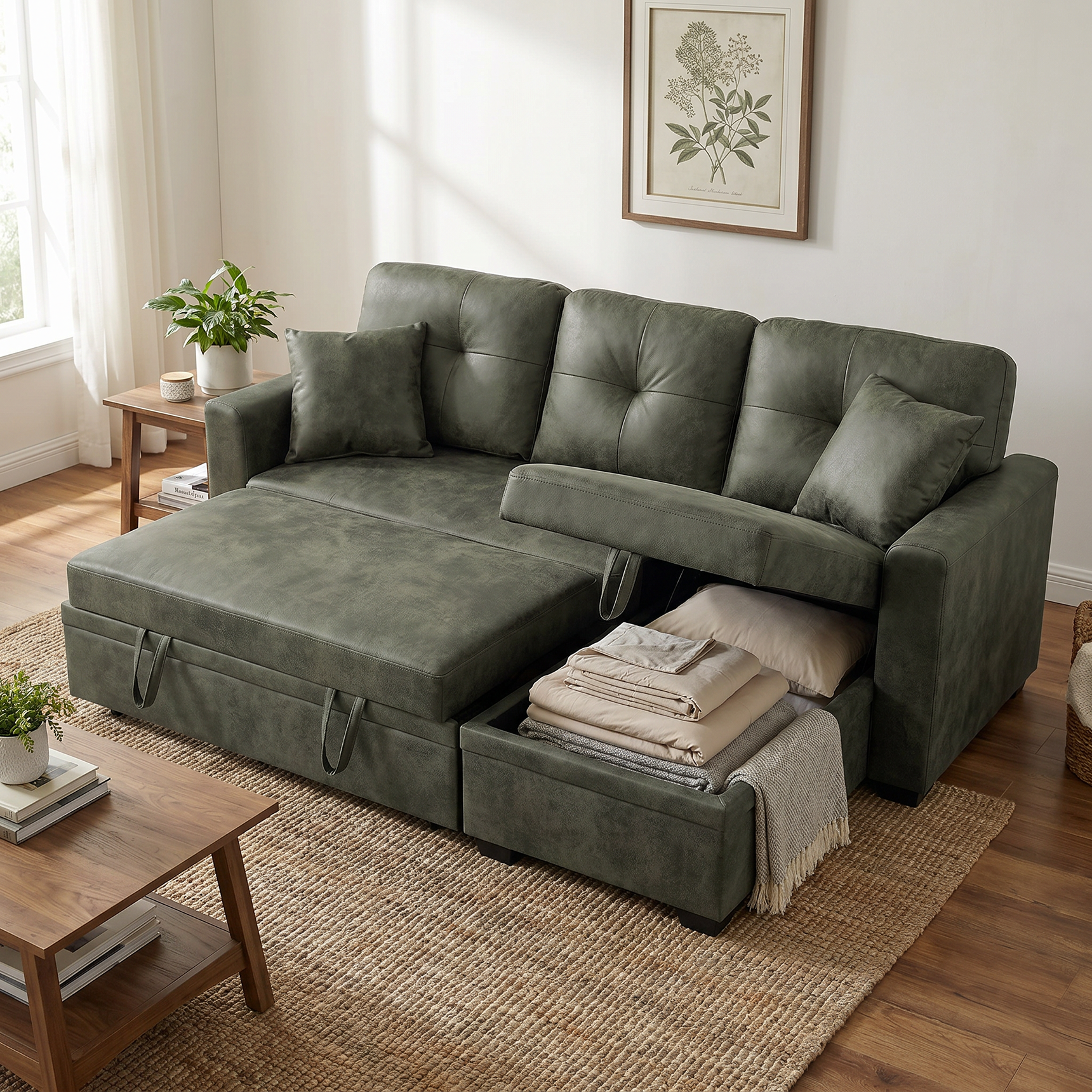 Reversible Storage Chaise, 71" L Shaped Pull Out Couch Bed, Faux Leather Sleeper Sofa for Living Room, Apartment & Guest Room (Green)