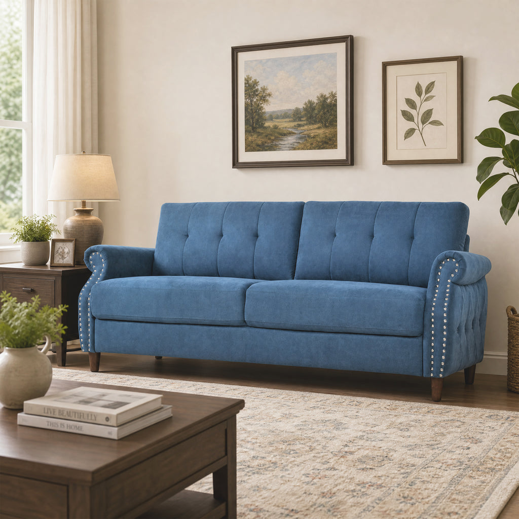 Fully Assembled Loveseat Sofa with Rivets, Wood Legs, Living Room (Blue) | 2 seater love seat sofa, rivet arm design, solid wood legs, wooden frame, small couch for living room apartment bedroom, blue