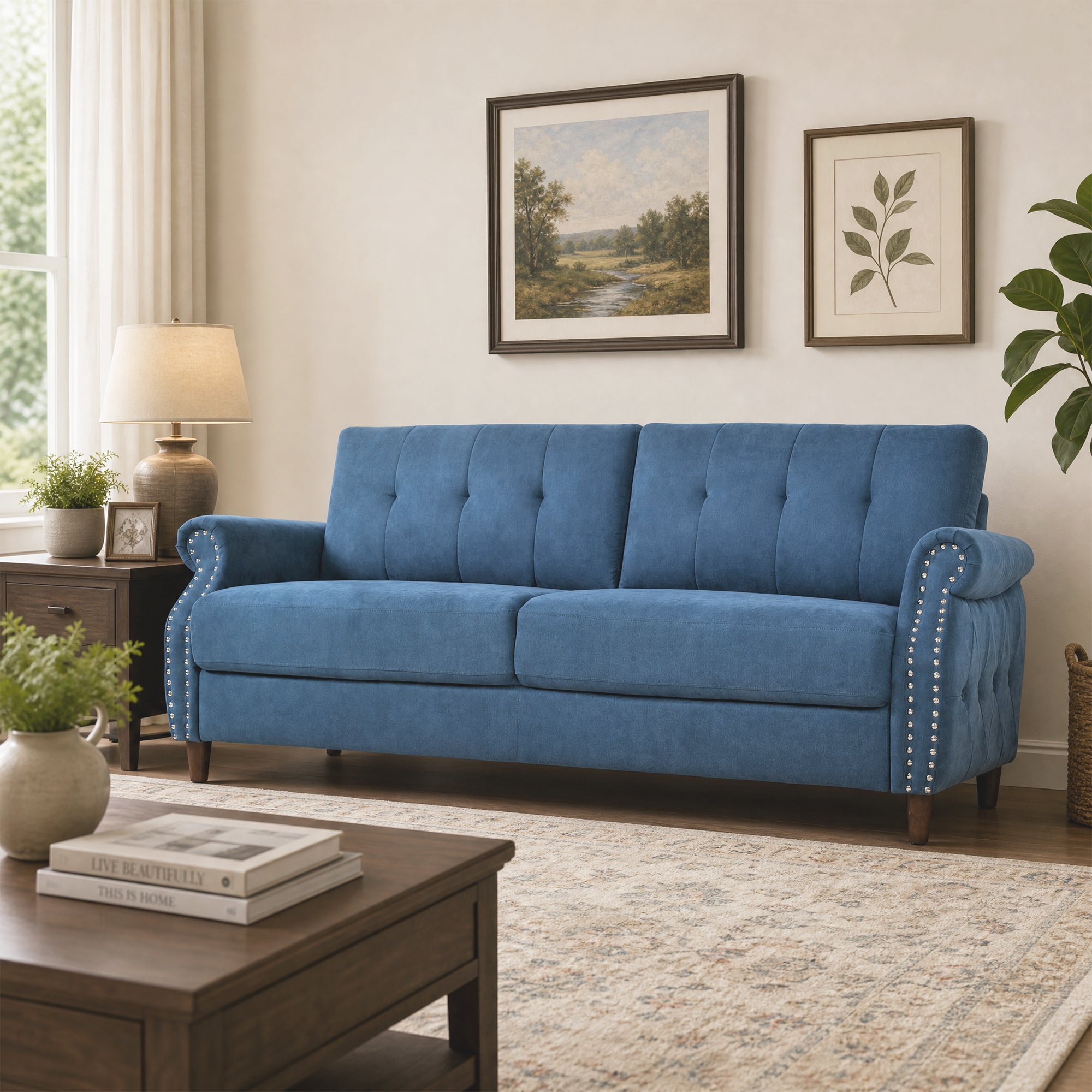 Fully Assembled Loveseat Sofa with Rivets, Wood Legs, Living Room (Blue) | 2 seater love seat sofa, rivet arm design, solid wood legs, wooden frame, small couch for living room apartment bedroom, blue