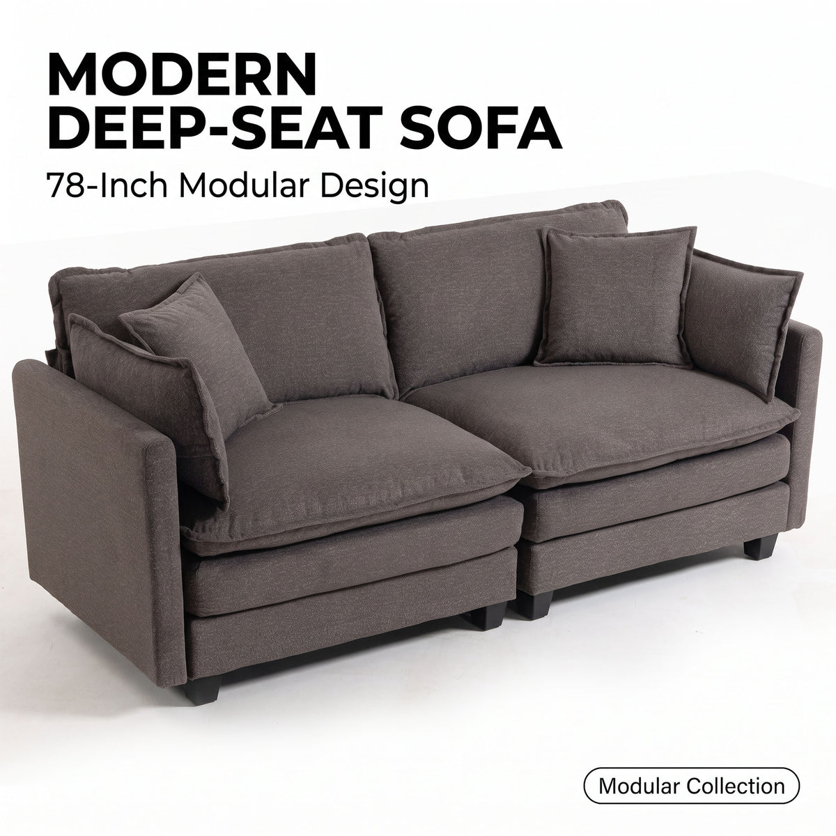 78" Loveseat, Small Couch, Small Sofa, Gray Modular Deep Seat Sofa Modern 2 Seater Couch, Comfy Deep Seating, Detachable Modular Design, Sturdy Legs for Living Room, Bedroom and Apartment