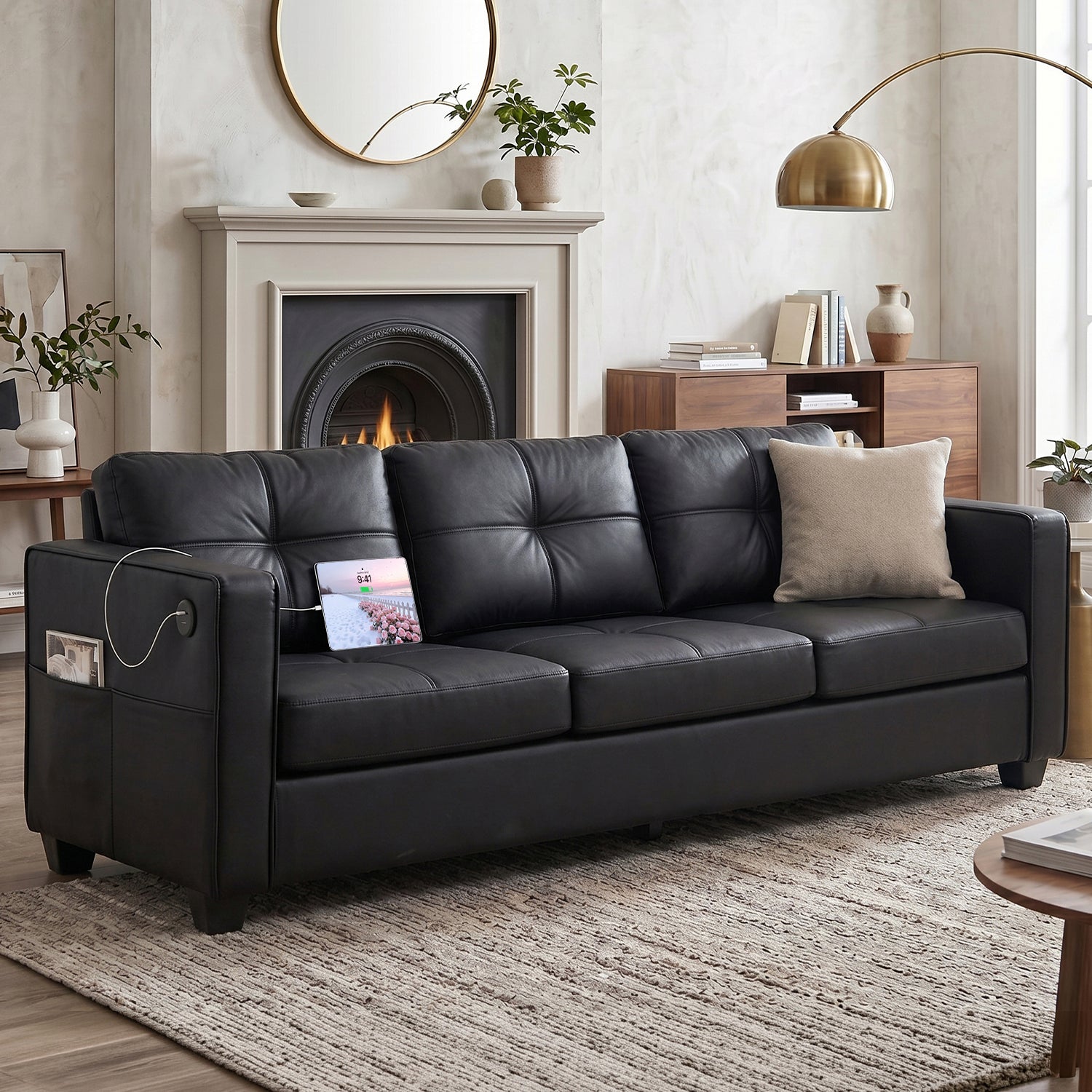 88'' Black Faux Leather Couch with USB, 3-Seater