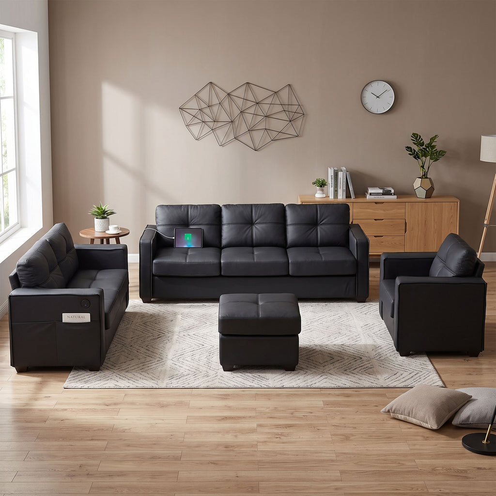 CHYMSUN 4-Piece Leather Living Room Set, Living Room Furniture for Office, Black Faux Leather, 3-Seater Couch, 2-Seater Loveseat, Oversized Chair, Ottoman, USB Charging, Side Pockets