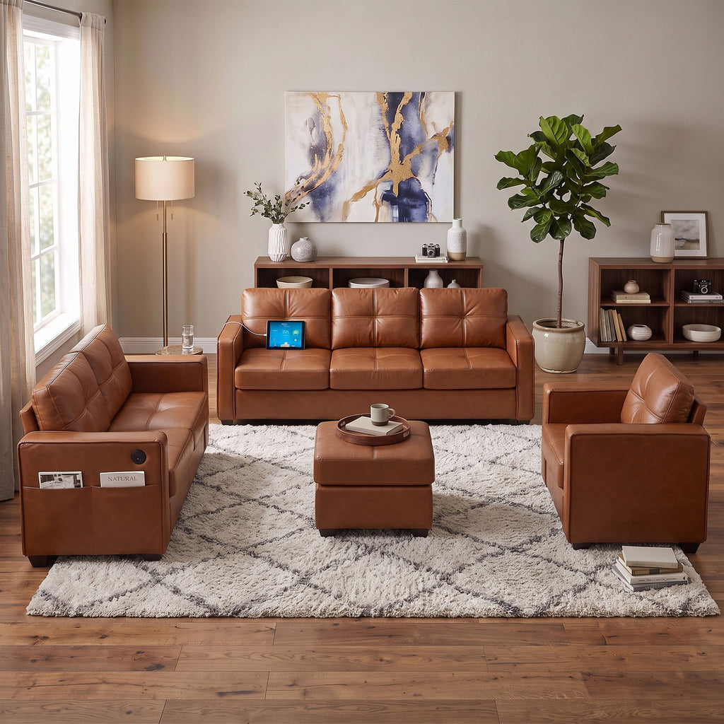 JIASTING 4-Piece Leather Living Room Set, Living Room Furniture for Office, Brown JIASTING