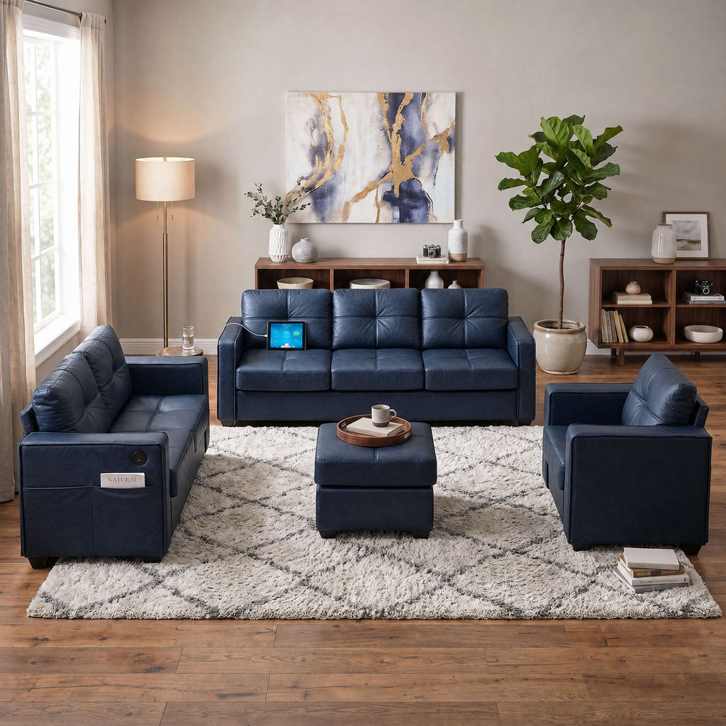 JIASTING 4-Piece Leather Living Room Set, Living Room Furniture for Office, Blue