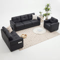 CHYMSUN 3-Piece Leather Living Room Set, Living Room Furniture for Office,Black Faux Leather Sofa, 3-Seater Couch, 2-Seater Loveseat, Oversized Chair,, USB Charging, Side Pockets, Modular Couch