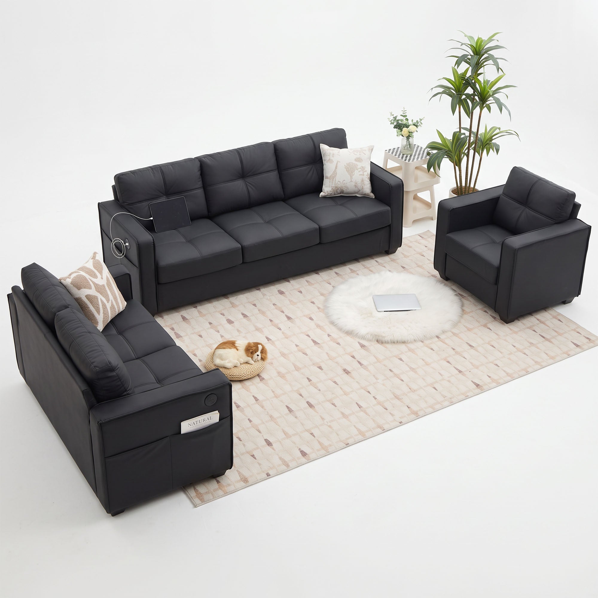 CHYMSUN 3-Piece Leather Living Room Set, Living Room Furniture for Office,Black Faux Leather Sofa, 3-Seater Couch, 2-Seater Loveseat, Oversized Chair,, USB Charging, Side Pockets, Modular Couch