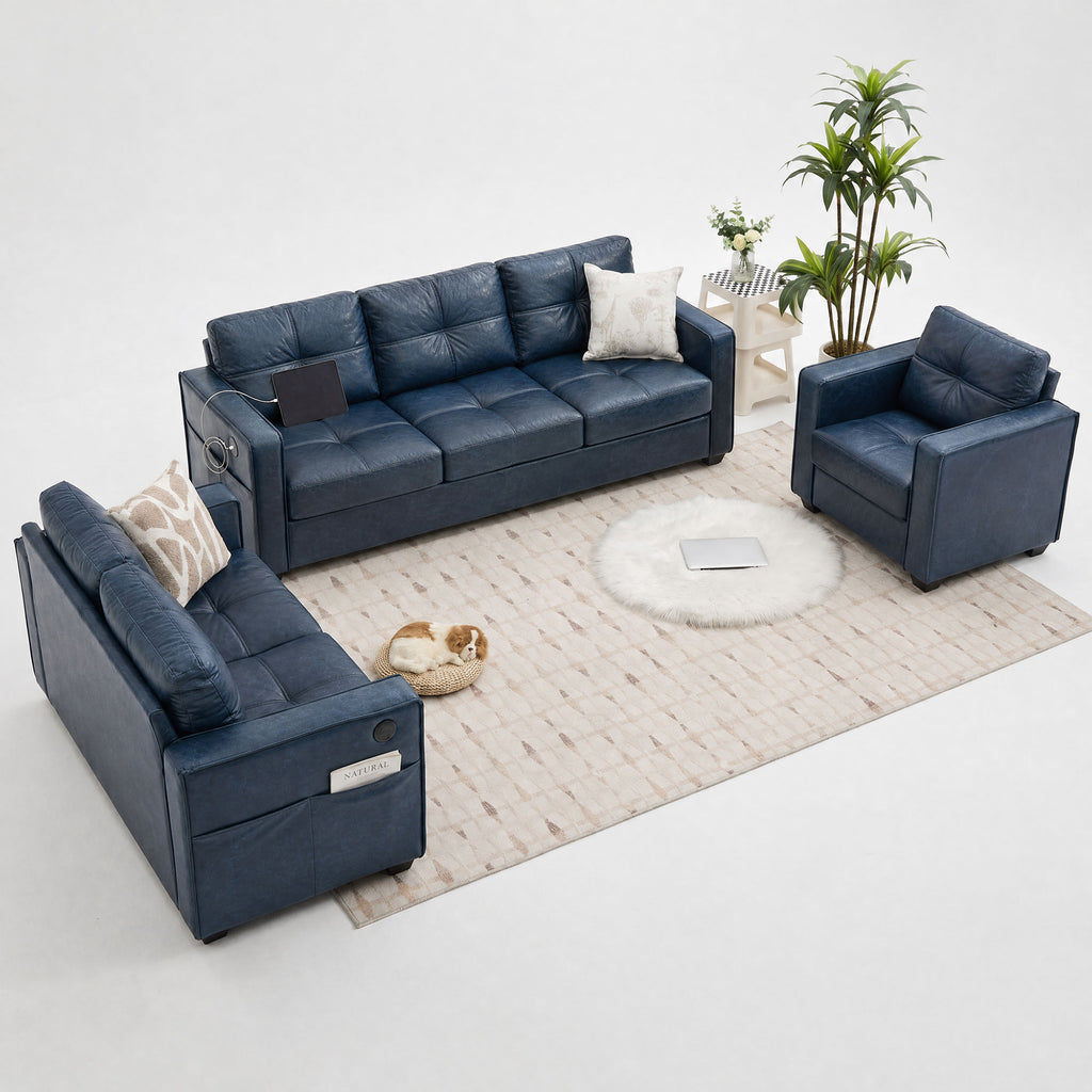 CHYMSUN 3-Piece Leather Living Room Set, Living Room Furniture for Office, Blue