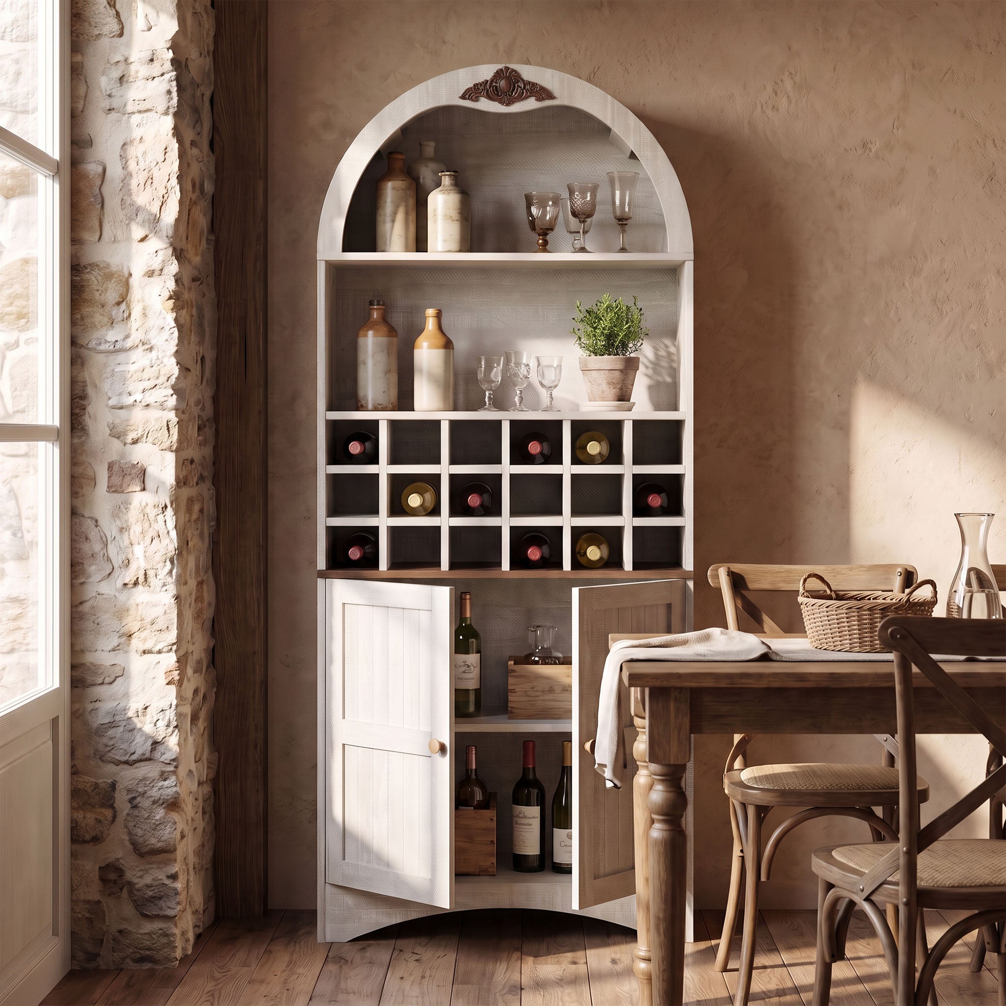 CHYMSUN 71’’ Arched Bar Cabinet with 18-Bottle Wine Rack, Liquor Storage Cabinet