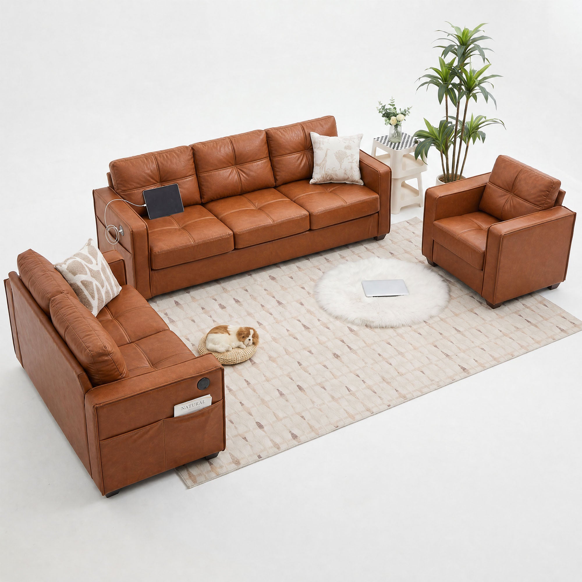CHYMSUN 3-Piece Leather Living Room Set, Living Room Furniture for Office, Brown
