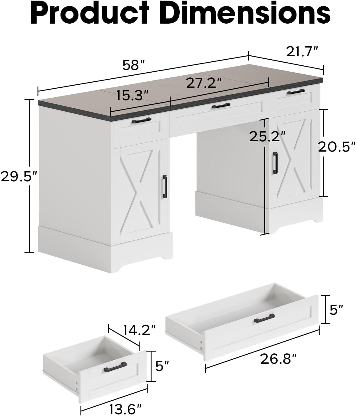 HOPUBUY Farmhouse Executive Desk with File Drawers,Wood Home Office Desk w/Charging Station,Adjustable Storage Cabinets,White Computer Writing Desk for Work,Study